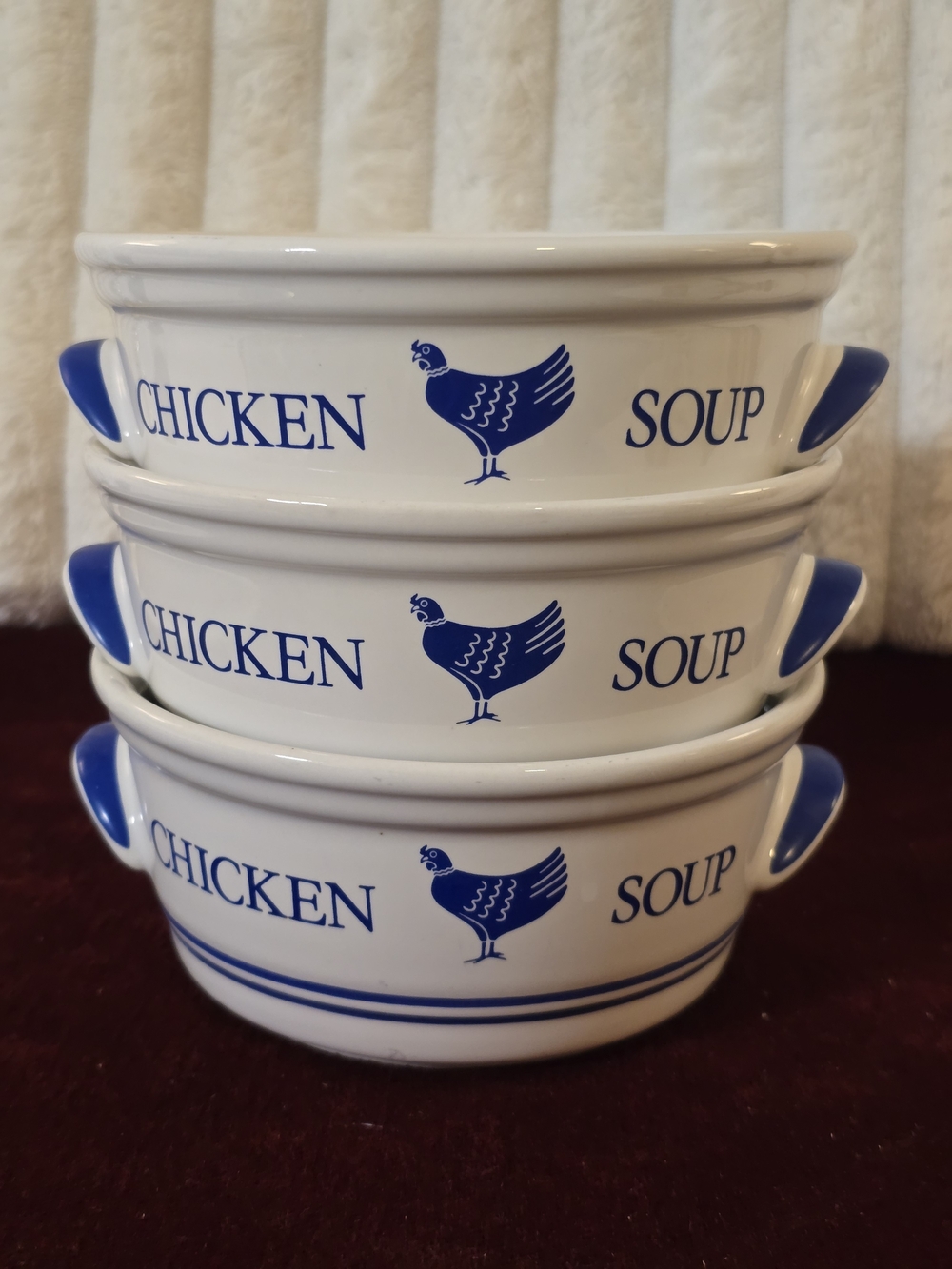 Vintage 1985 FTDA Chicken Soup Bowls Set of 3 Blue White Farmhouse Korea